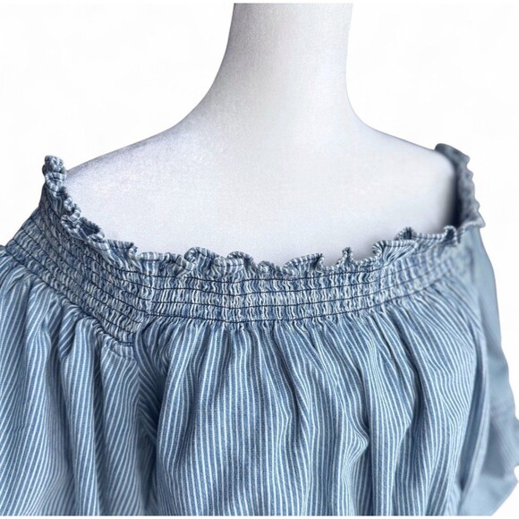 Anthropologie Porridge Top Sz L Ruby Off Shoulder Cropped Denim Striped Boho - Picture 10 of 16